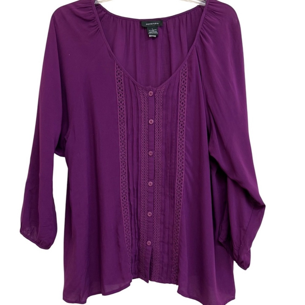 Spense Purple Viscose Lace Trim Pintuck Button Front Blouse Large Womens